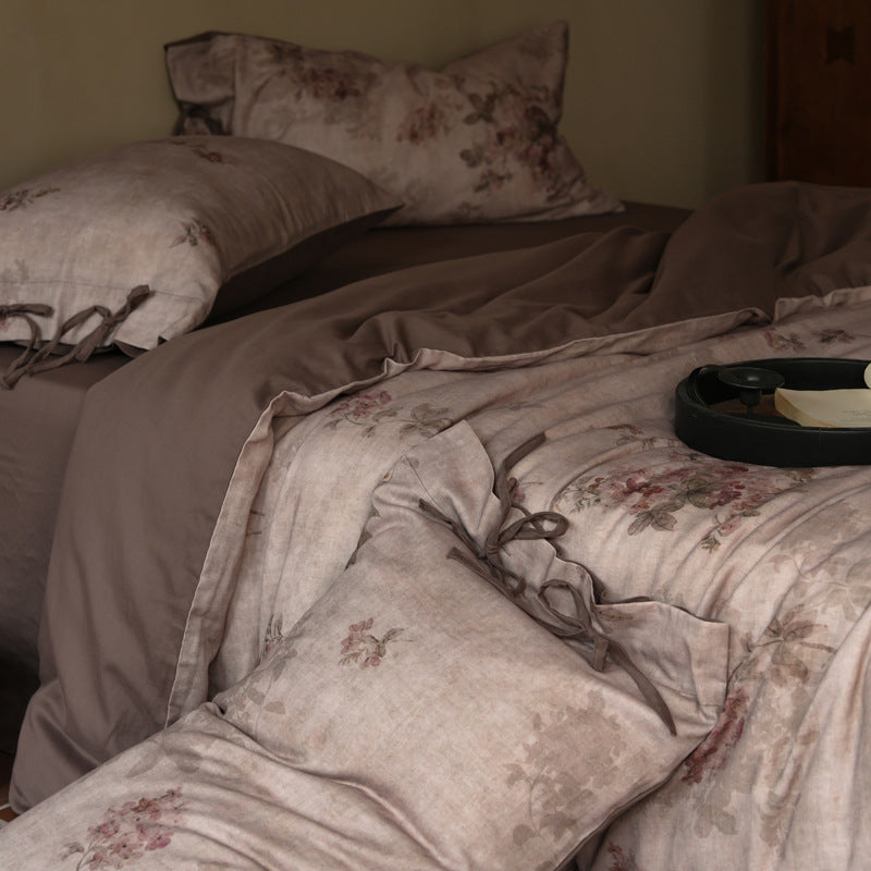 Floral Washed-Linen Feel Reversible Duvet Cover & Fitted Sheet Ensemble with Tie-Closure Pillow Shams
