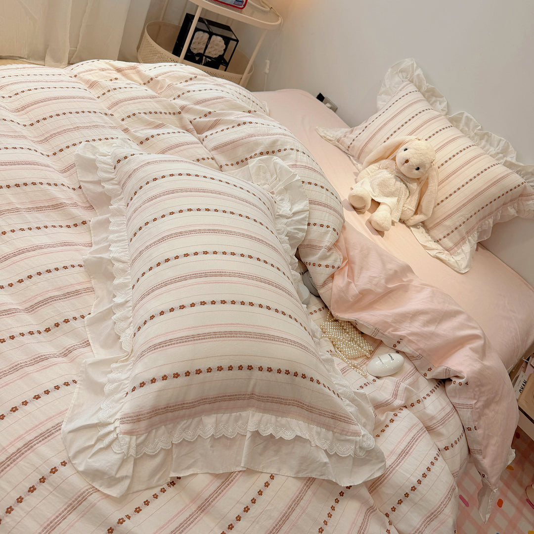 French Cottage Ruffled Cotton Duvet Cover Set with Striped Floral Embroidery and Frilled Pillow Shams