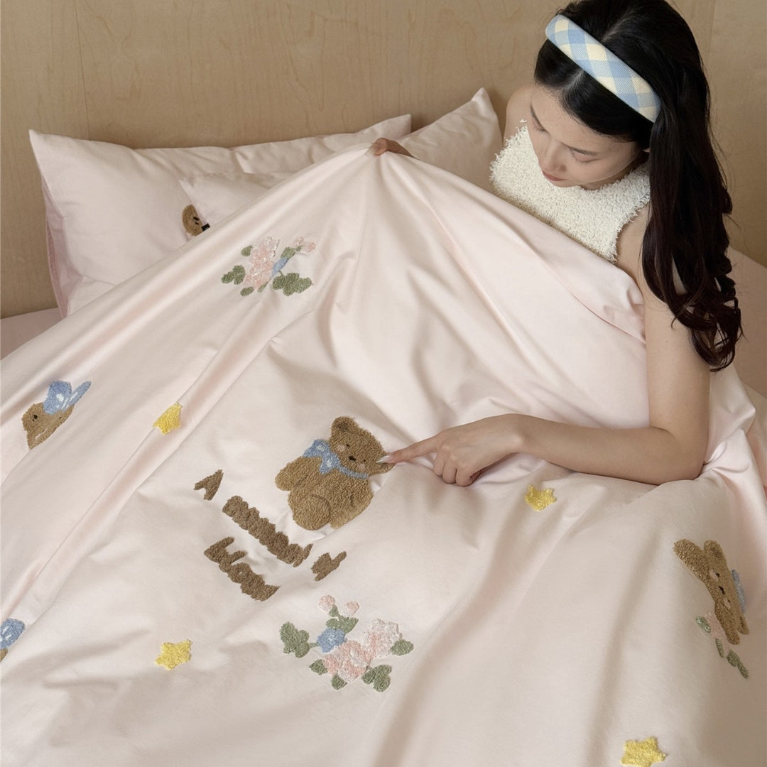 Embroidered Chenille Cartoon Duvet Cover Set with Plush Accent Pillow