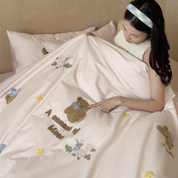 Embroidered Chenille Cartoon Duvet Cover Set with Plush Accent Pillow