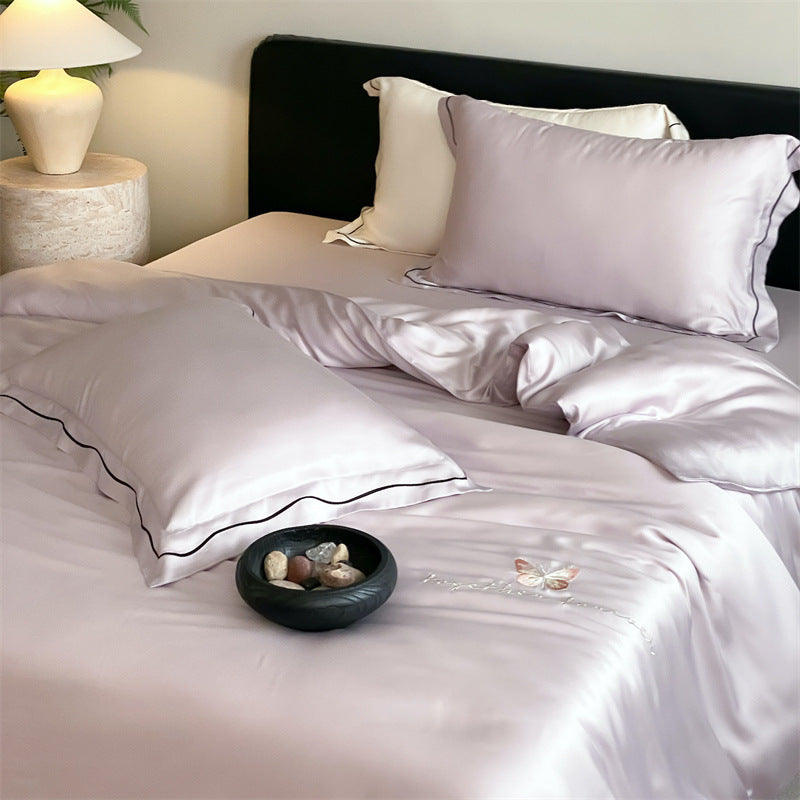 Elegant Satin Bedding Set with Fine Piping and Embroidered Butterfly