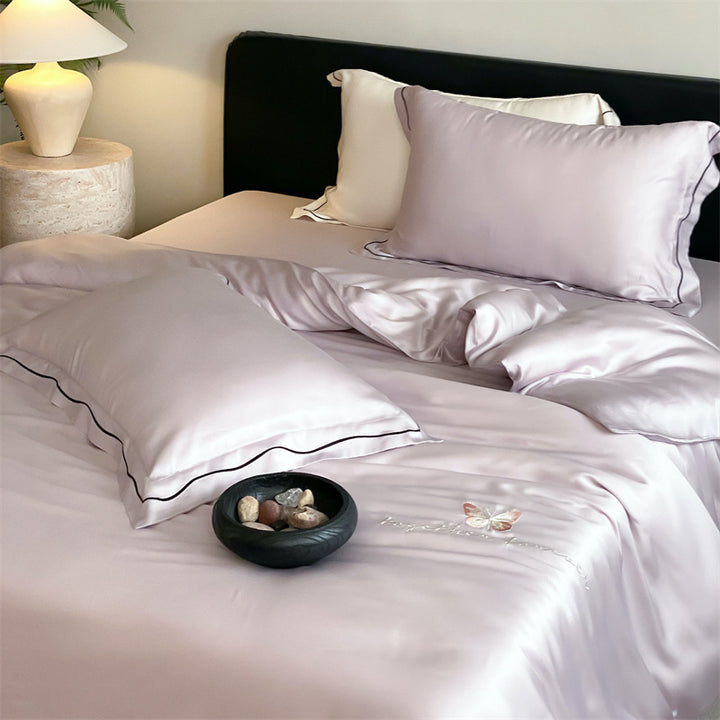 Elegant Satin Bedding Set with Fine Piping and Embroidered Butterfly