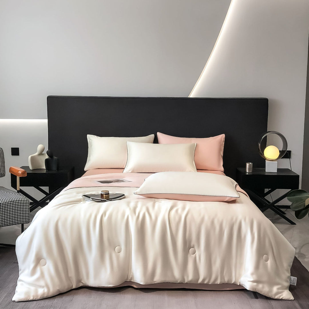 Silk cotton satin bedding cover with quilted comfort edge and pillowcases