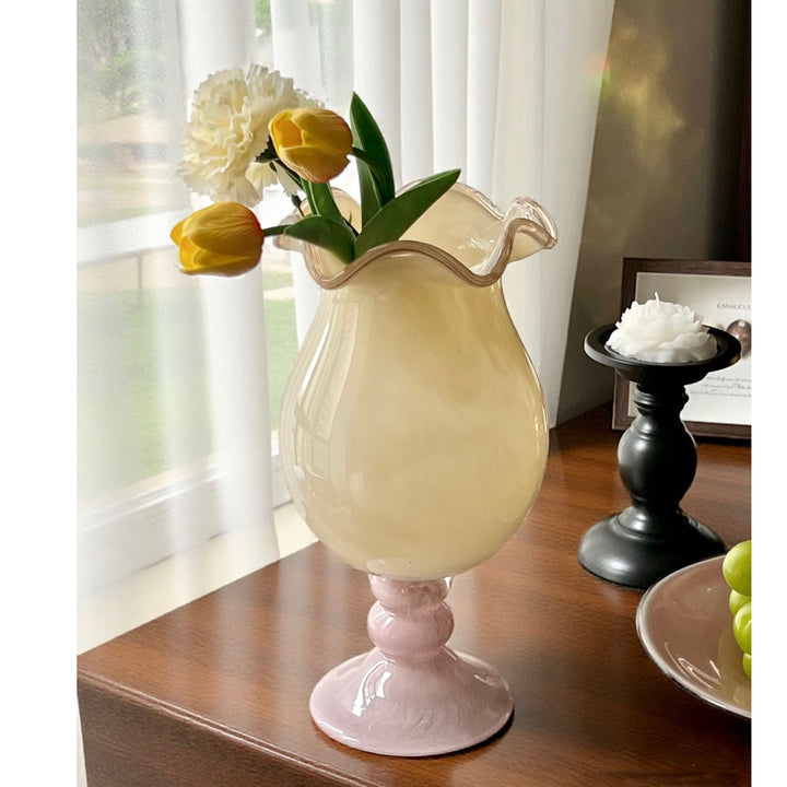 Decorative Ruffled Glass Table Vase with Turned Pedestal Stornfield