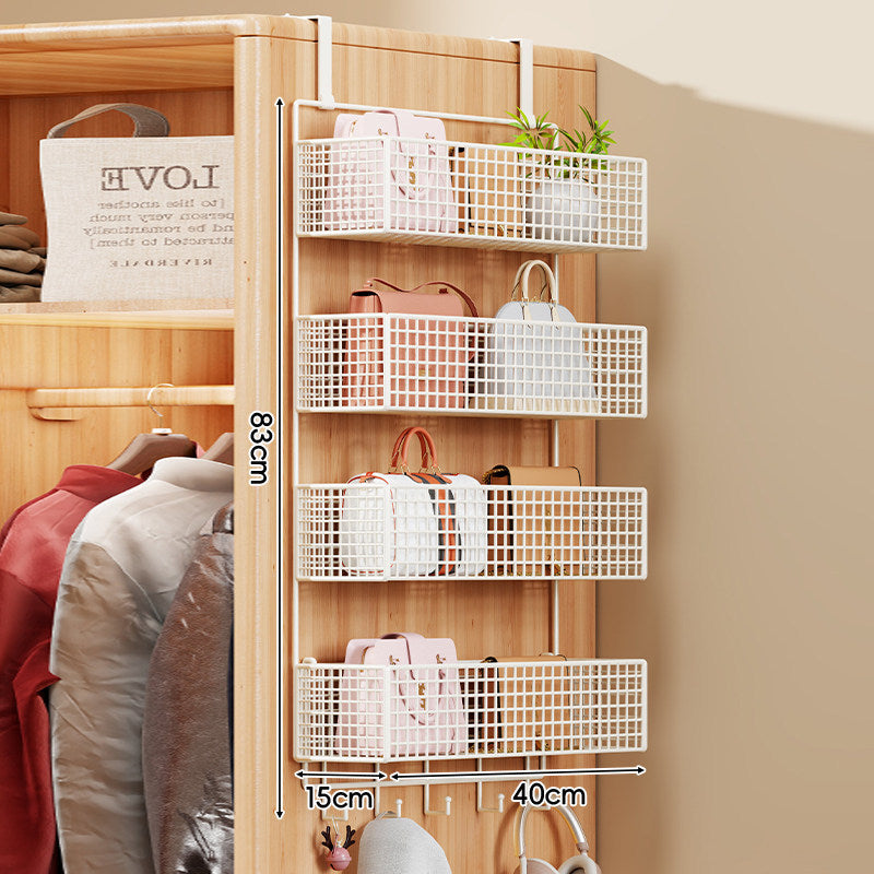 Over-Door Four-Tier Metal Mesh Hanging Storage Organizer with Integrated Hooks