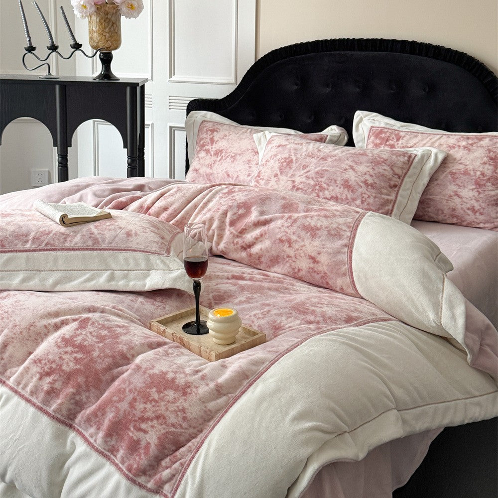 Luxurious velvet bedding set with floral texture and quilted edge