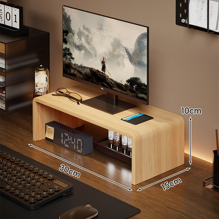 Low-Profile Curved Desktop Monitor Platform with Integrated Under-Shelf Organizer and Ambient Backlight