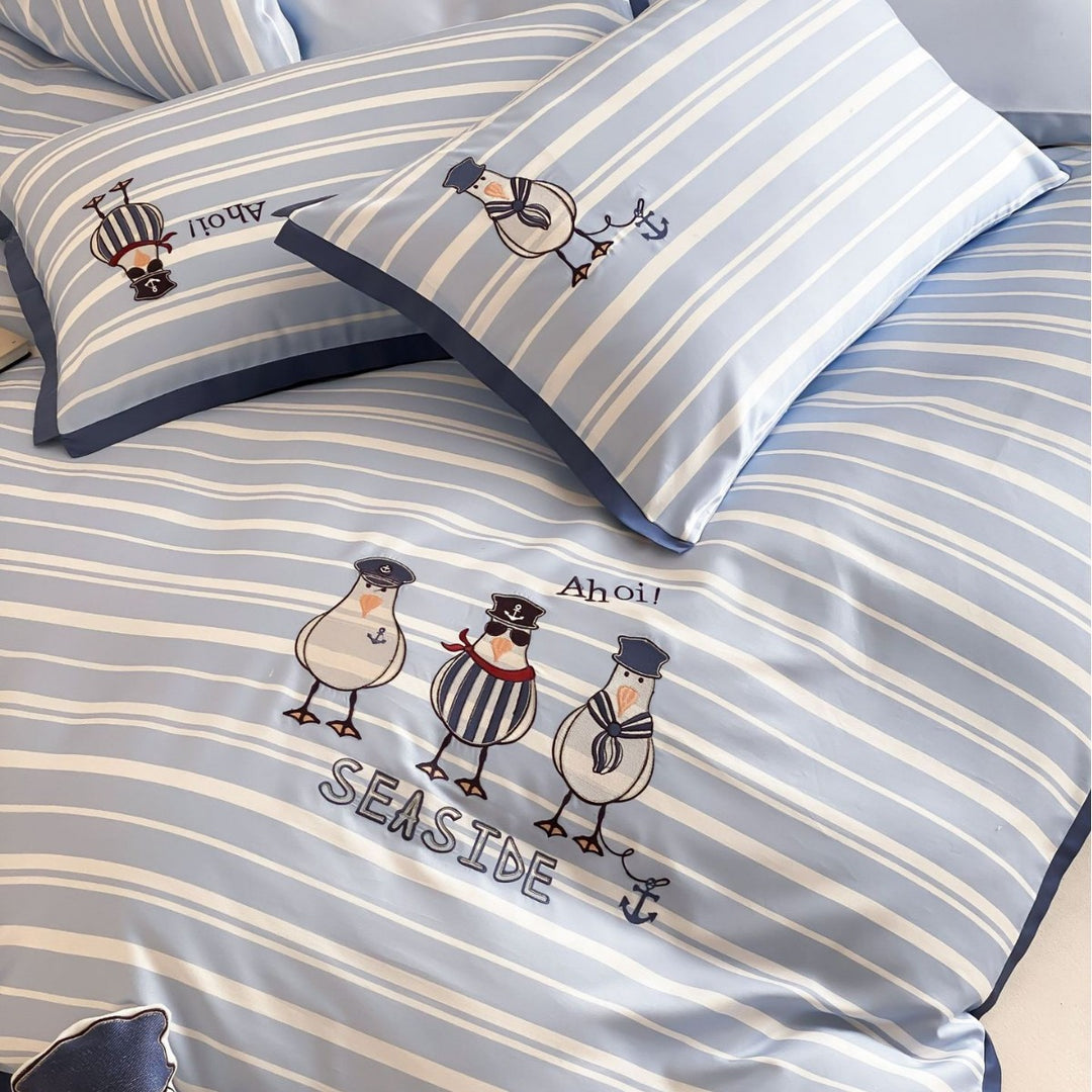 Seaside Stripe Cotton Sateen Duvet Cover Set with Embroidered Seagull Pillow Shams