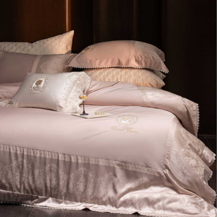 Luxurious satin bedding with jacquard floral pattern and lace trim