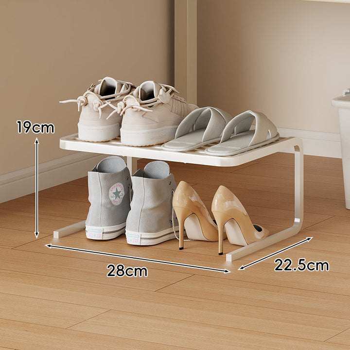 Compact Low-Profile Two-Level Metal Shoe Organizer Rack