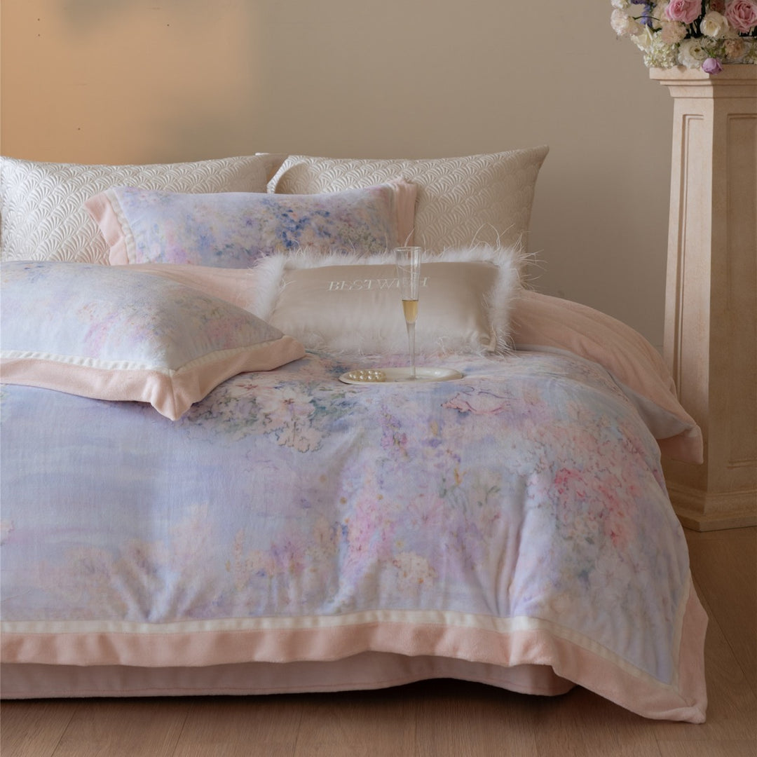 Pastel Watercolor Floral Brushed Microfiber Duvet Cover Set with Faux-Fur Accent Pillow