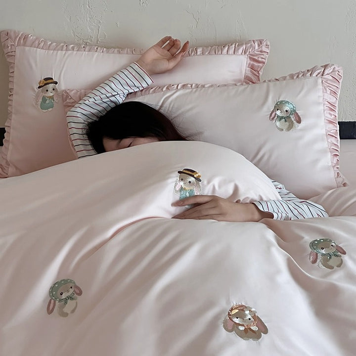 Silk-Feel Cotton Sateen Embroidered Bunny Duvet Cover Set