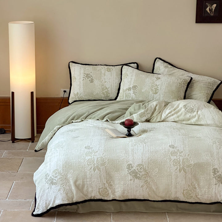 Quilted Jacquard Floral Duvet Cover Set with Contrast Piped Edge and Matching Pillow Shams