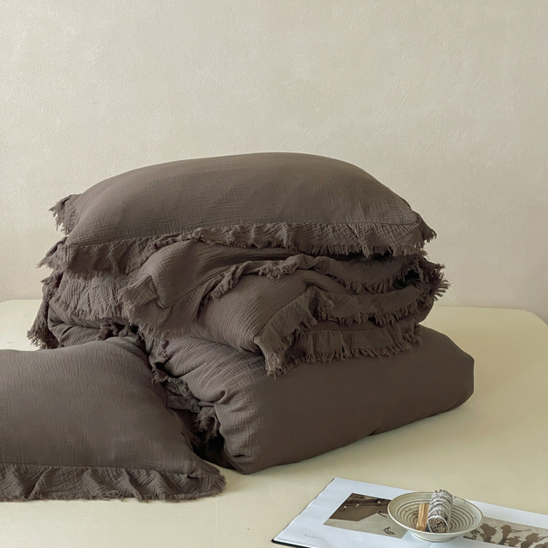 Washed Cotton Gauze Fringed Duvet Cover Set with Skirted Base & Textured Pillow Shams