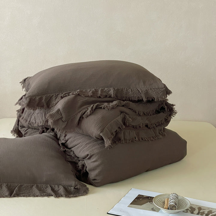 Washed Cotton Gauze Fringed Duvet Cover Set with Skirted Base & Textured Pillow Shams