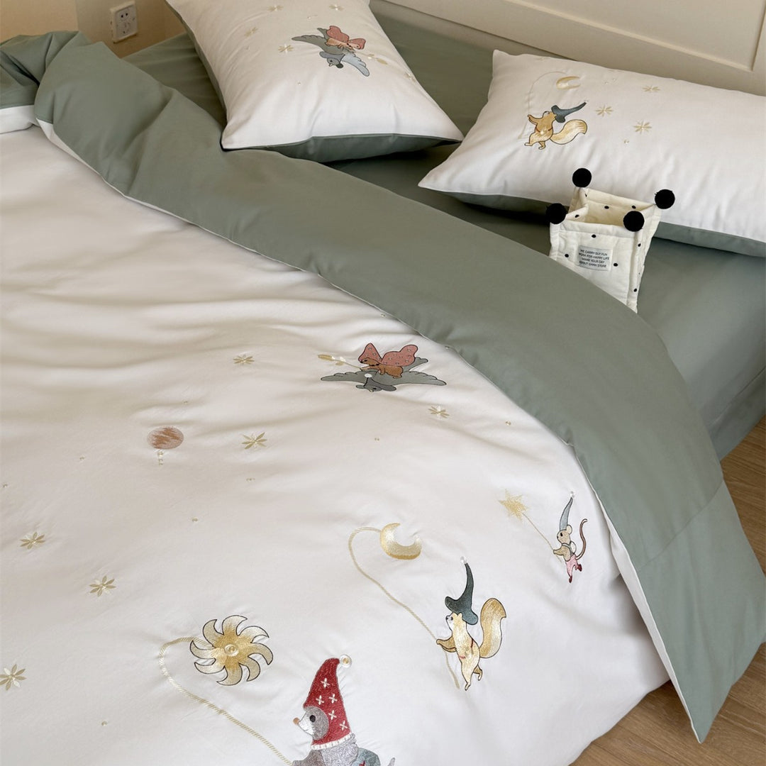 Kids Storybook Embroidered Duvet Cover Set with Percale Cotton and Corner Ties