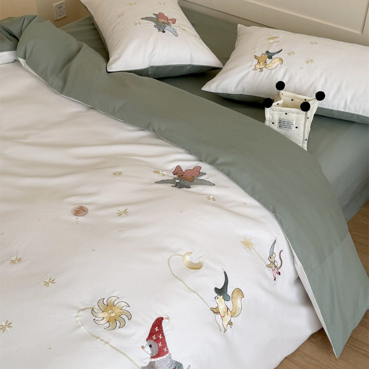Kids Storybook Embroidered Duvet Cover Set with Percale Cotton and Corner Ties