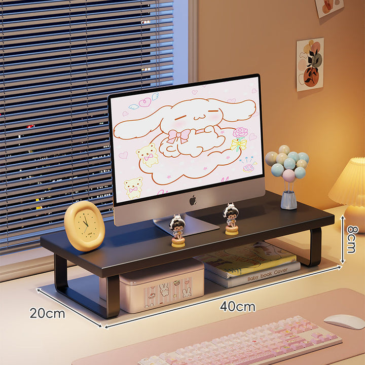 Low-Profile Wooden Monitor Riser with Metal Legs and Under-Shelf Storage