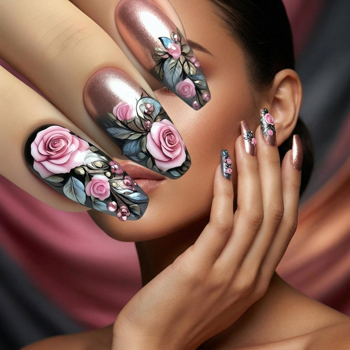 Artificial nails with floral rose pattern Stornfield