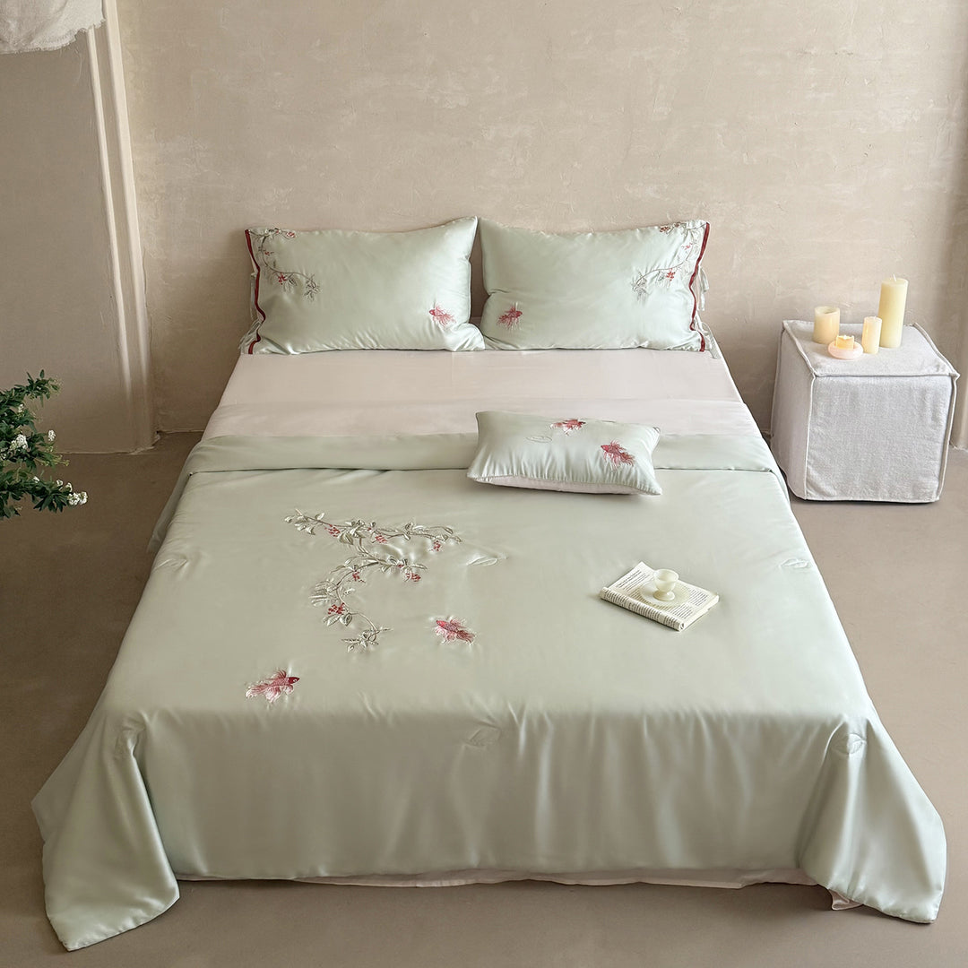 Embroidered satin bedding set with floral decorative embroidery and silky-soft feel Stornfield