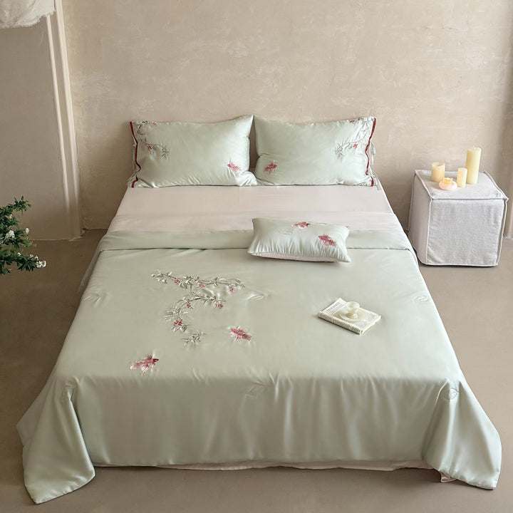 Embroidered satin bedding set with floral decorative embroidery and silky-soft feel Stornfield