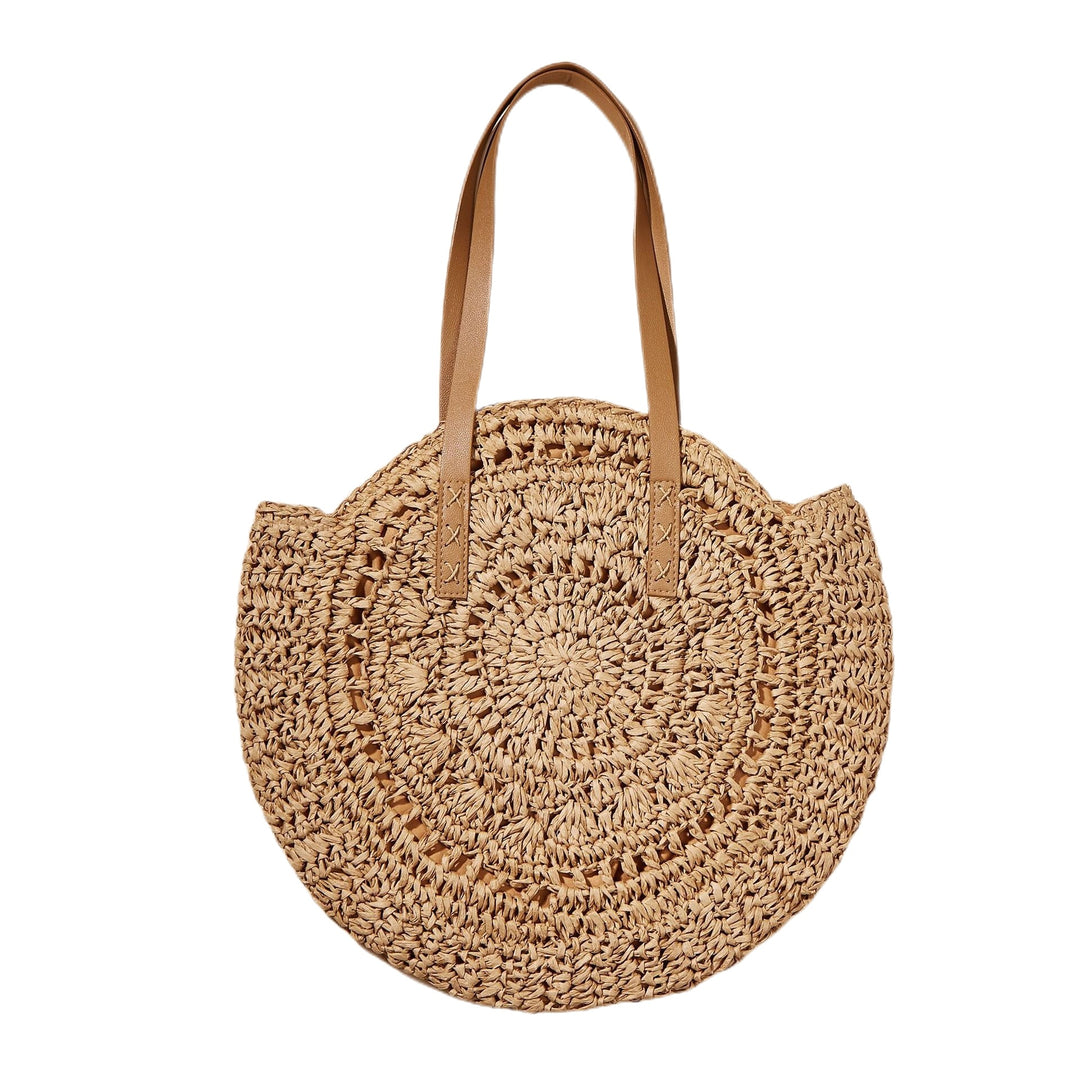 Handcrafted Round Straw Bag with Elegant Leather Handles Stornfield