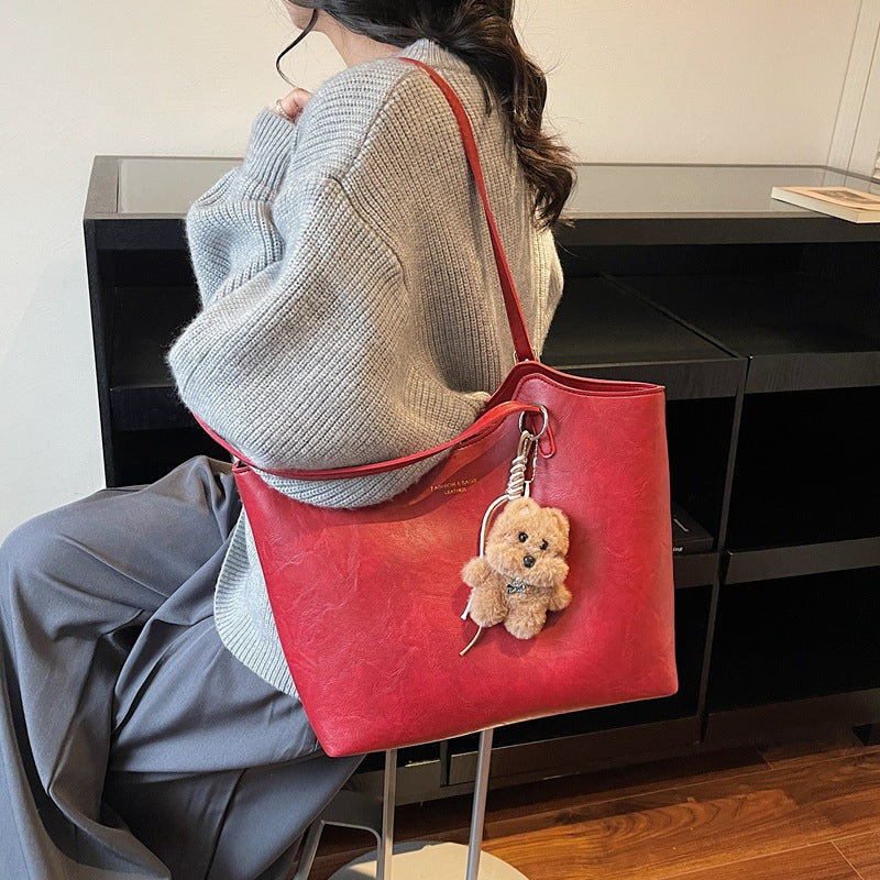 Stylish Faux Leather Tote Bag with Charming Keychain