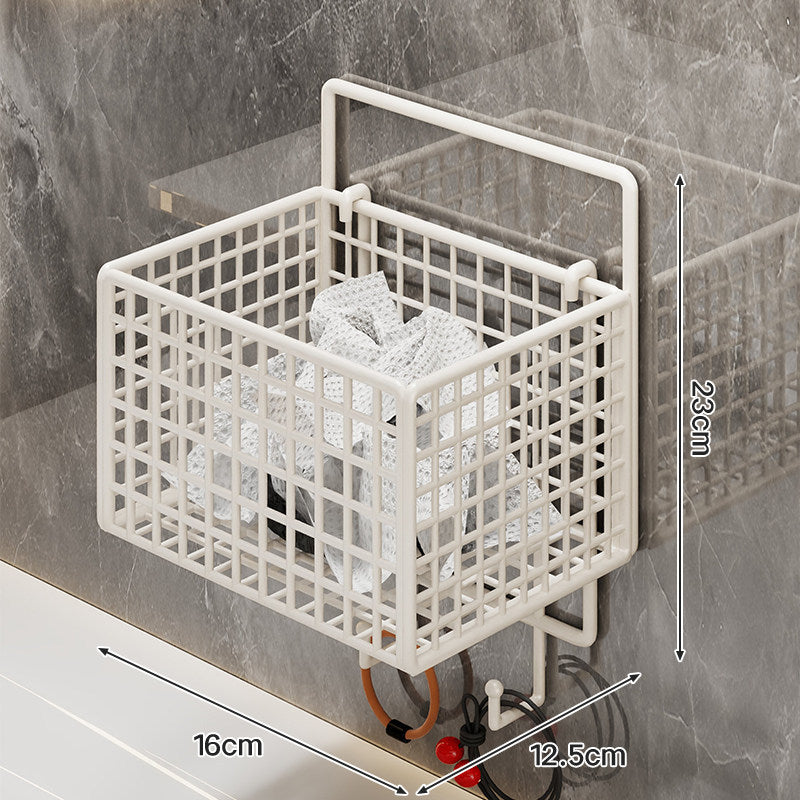 Wall-Mounted Metal Grid Bathroom Caddy with Triple Compartments Hooks and Drainable Base