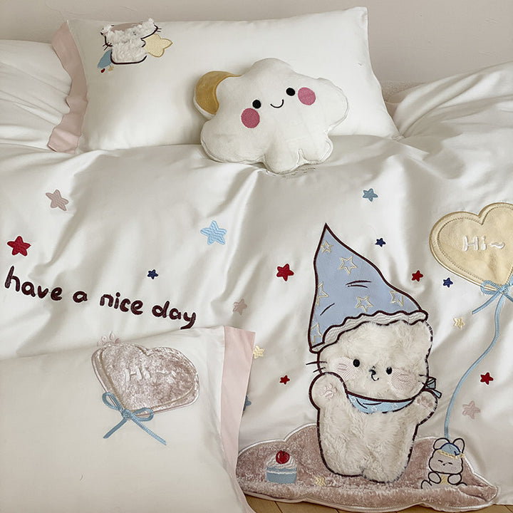 Embroidered Cotton Duvet Cover and Pillowcase Set