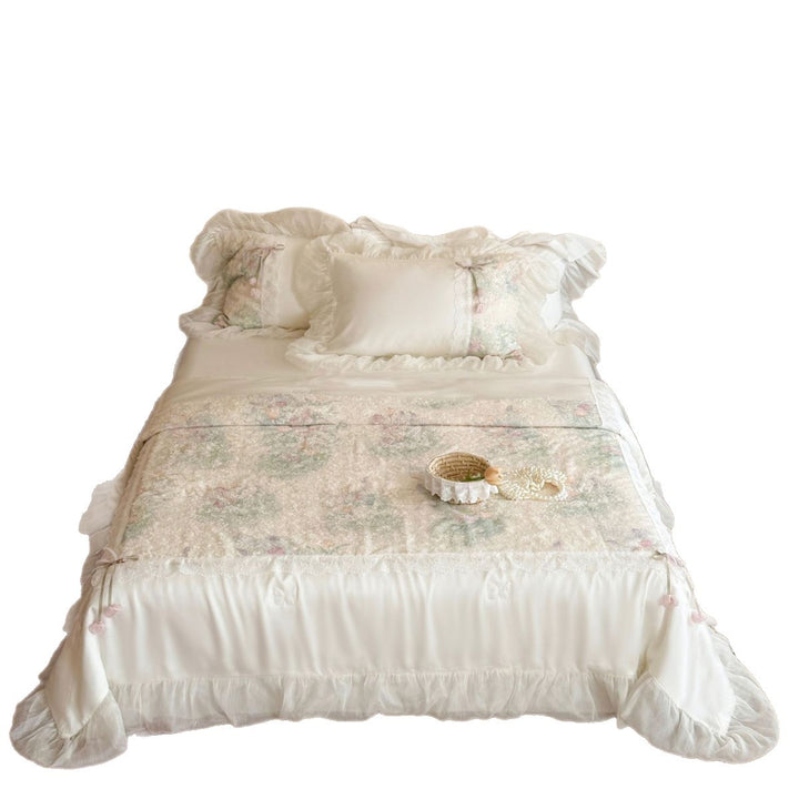 Luxurious Ruffled Bed Linen Set with Lace Trim and Pastel Flower Design