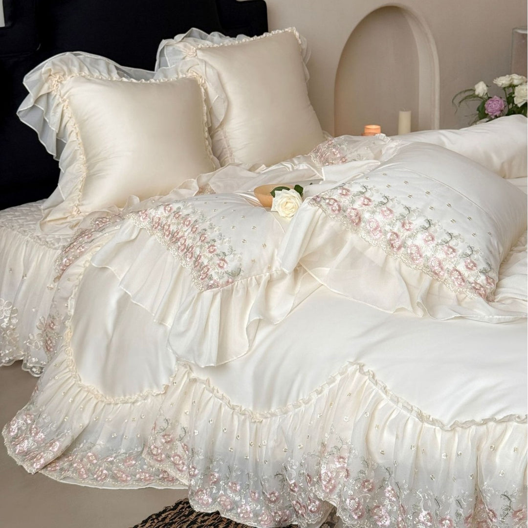 Ruffled Satin-Effect Embroidered Duvet Cover Set with Lace Trim