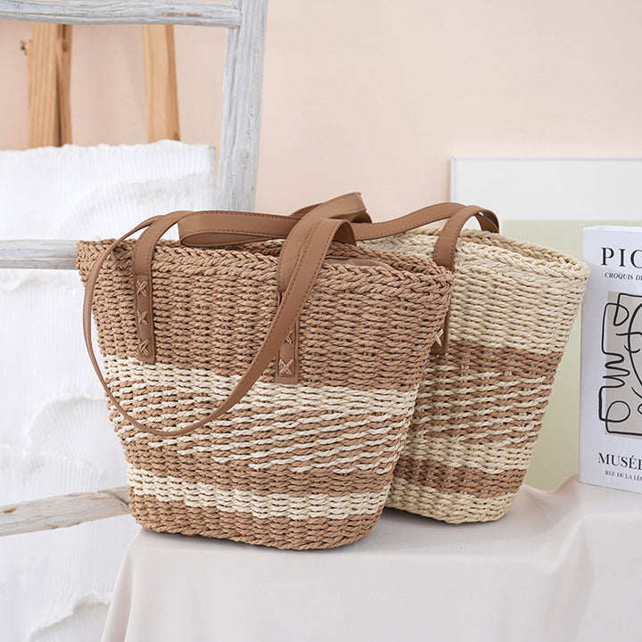 Handwoven beach bag with leather handles Stornfield