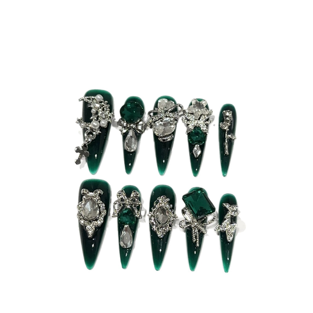 Elegant Gemstone-Embellished Press-On Nails