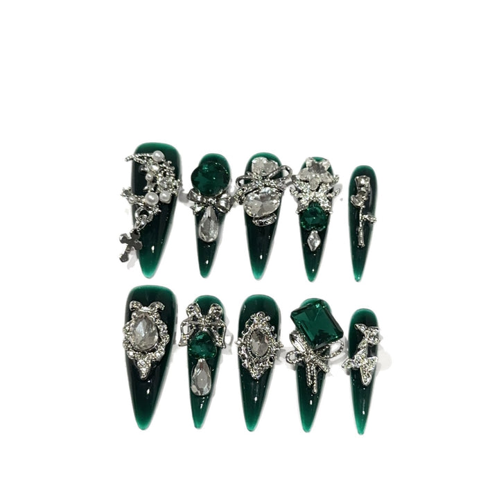 Elegant Gemstone-Embellished Press-On Nails