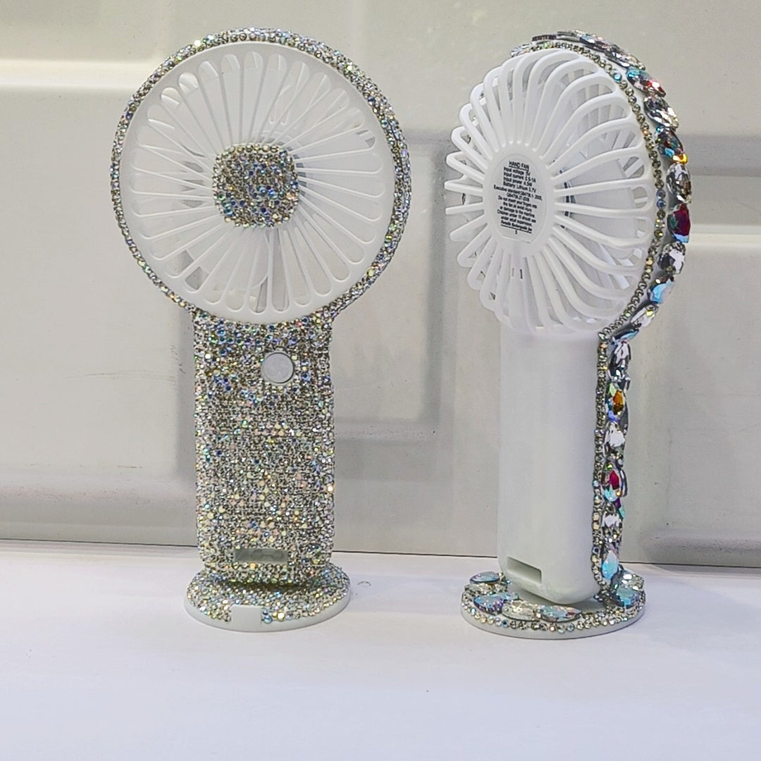 Women's portable hand fan rechargeable with rhinestone accents and cat emblem Stornfield