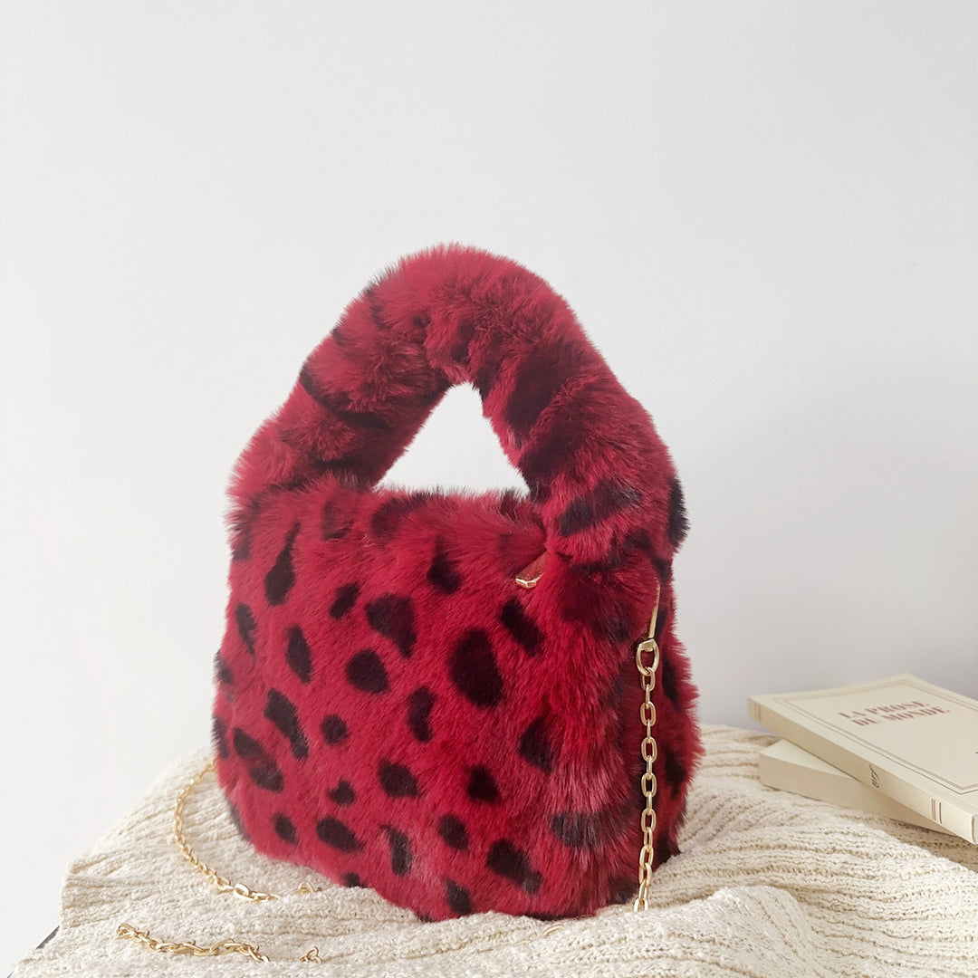Leopard Print Faux Fur Handheld Bag