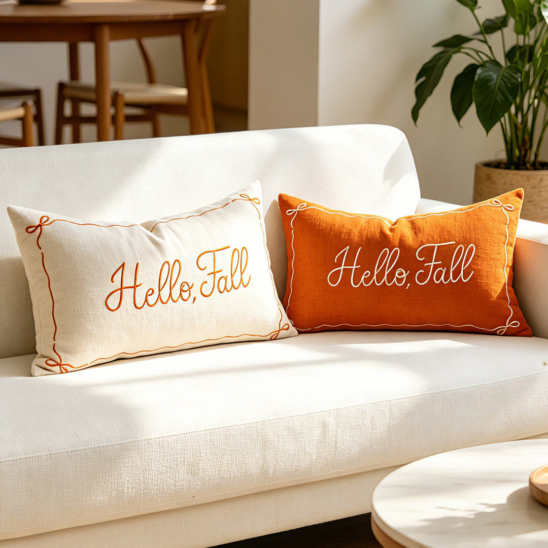 Embroidered Hello Fall Linen-Look Lumbar Throw Pillow Cover