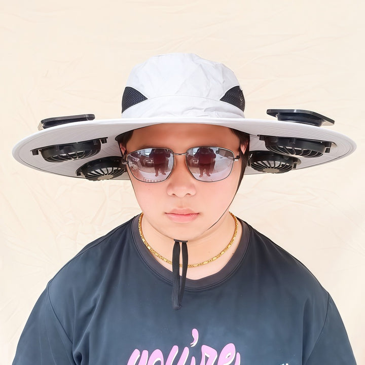 Wide-brimmed sun hat with detachable swivel solar fans and adjustable chin strap Stornfield