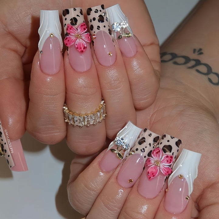 Artistic Acrylic Nail Extensions with Floral and Animal Print Design Stornfield