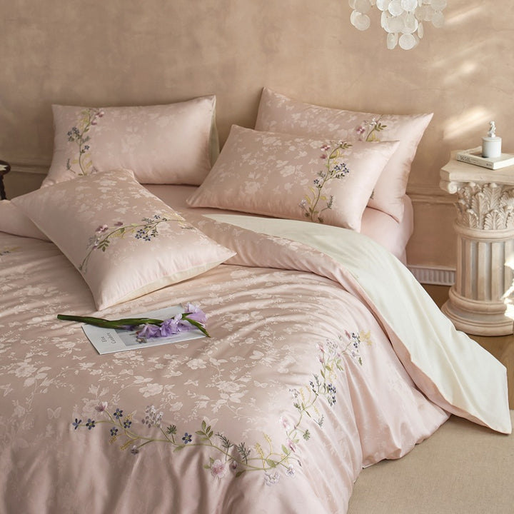 Botanical Jacquard Cotton Sateen Duvet Cover Ensemble with Delicate Sprig Embroidery and Envelope Pillowcases