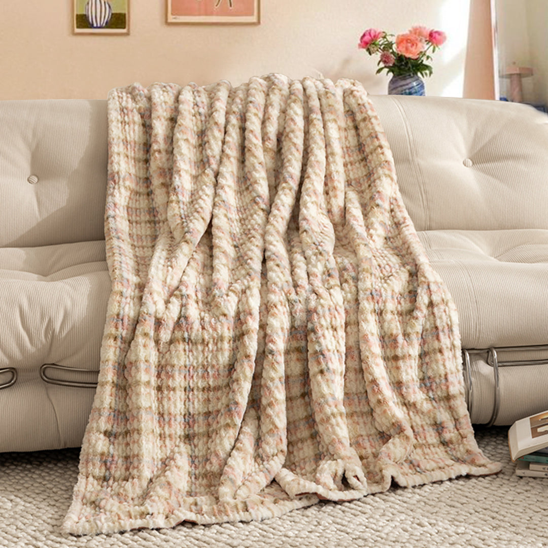 Extra soft blanket made of microfiber with thick chenille structure and warming filling