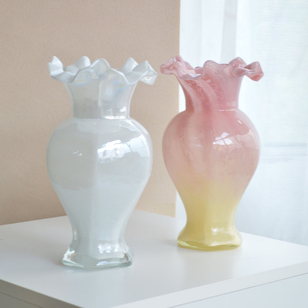 Hand-Blown Ruffled-Rim Art Glass Vase with Ombre Pink Ivory Finish Stornfield