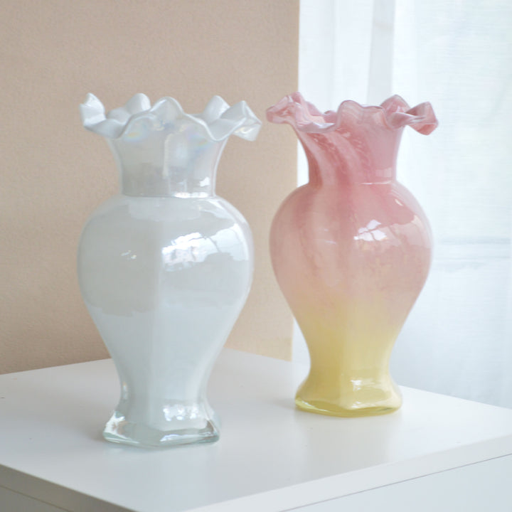 Hand-Blown Ruffled-Rim Art Glass Vase with Ombre Pink Ivory Finish Stornfield