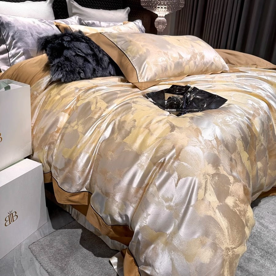 Decorative Brushstroke Satin Duvet Cover Ensemble with Hidden-Zip Closure