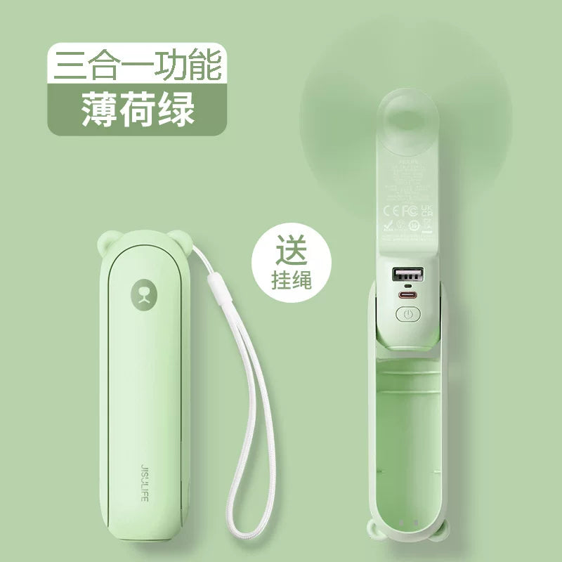 Unisex one size foldable rechargeable triple handheld mini fan with integrated power bank USB-C and USB-A connections as well as wrist strap Stornfield