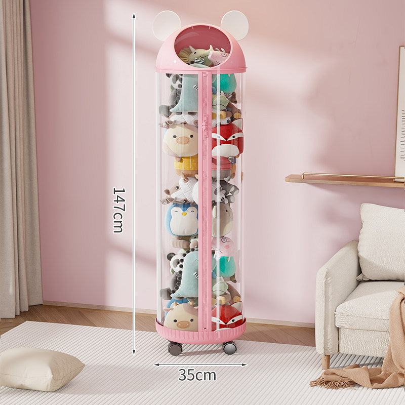 Vertical Clear Cylinder Plush Toy Storage Tower with Divided Shelves and Caster Base
