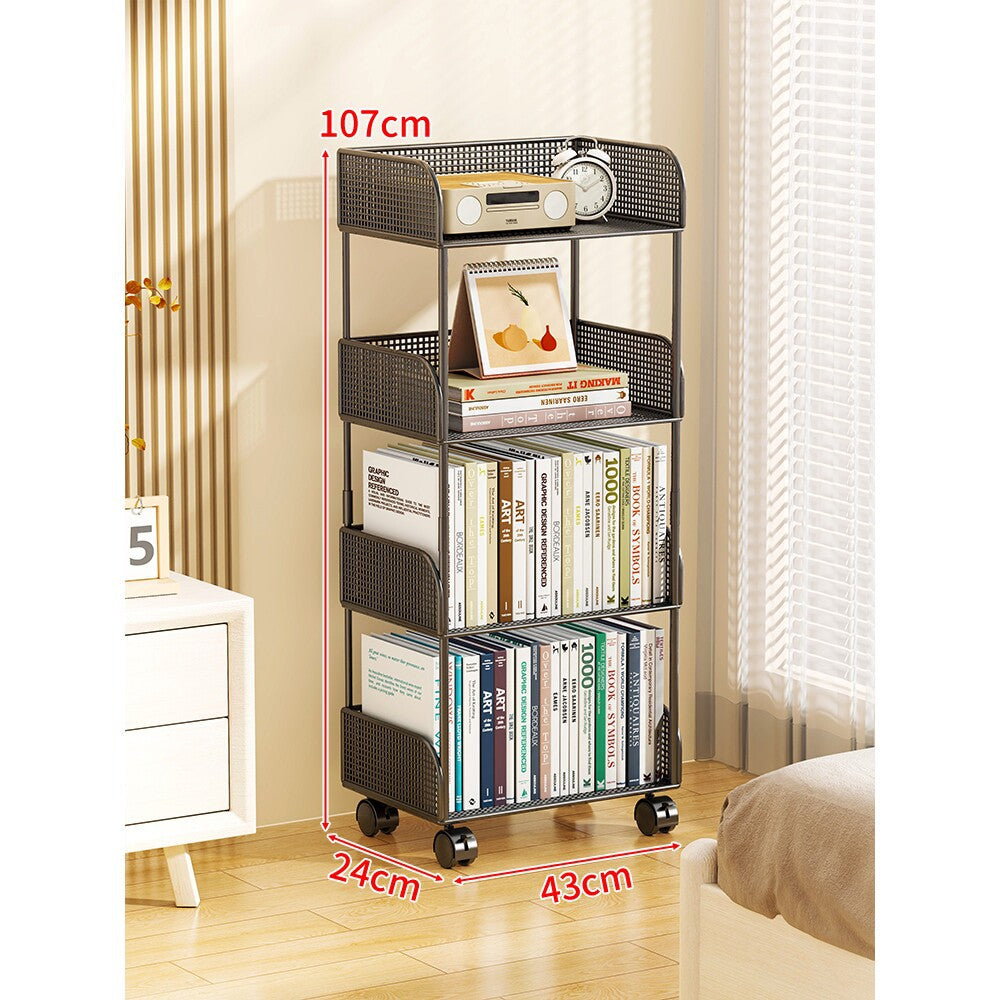 Narrow Mesh Mobile Bookcase with Deep Wire Baskets and Locking Swivel Casters