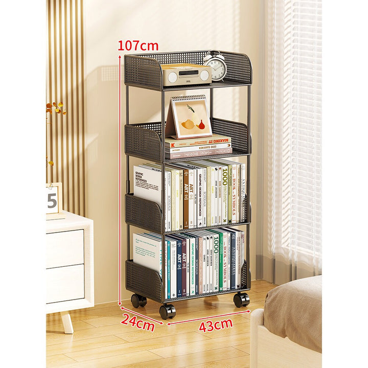 Narrow Mesh Mobile Bookcase with Deep Wire Baskets and Locking Swivel Casters