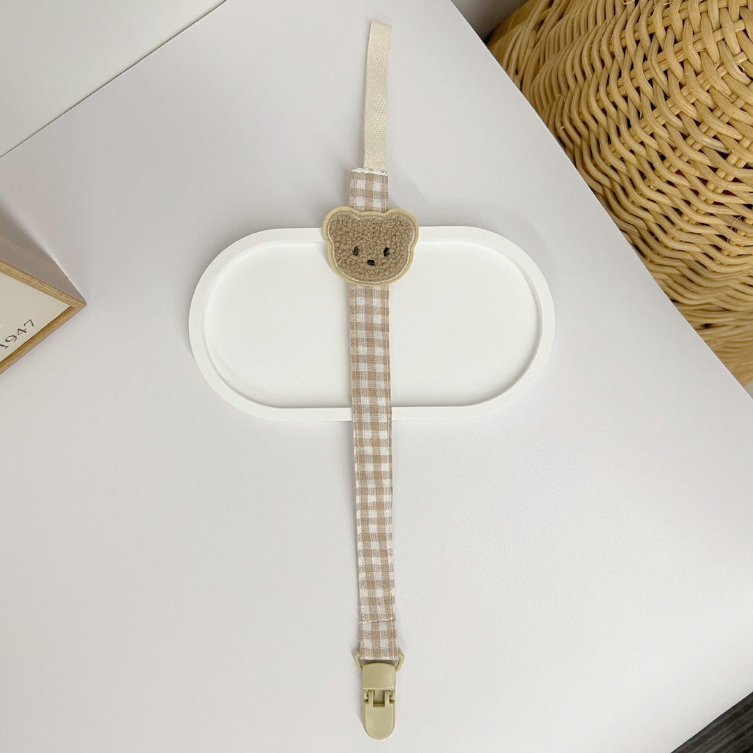 Cotton Gingham Pacifier Clip with Plush Bear Applique and Quick-Release Safety Clip