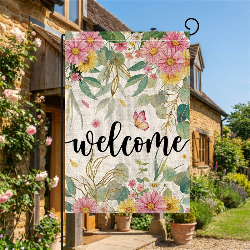 Decorative Burlap-Texture Welcome Garden Banner Flag with Sunflower Bouquet Mason Jar Artwork